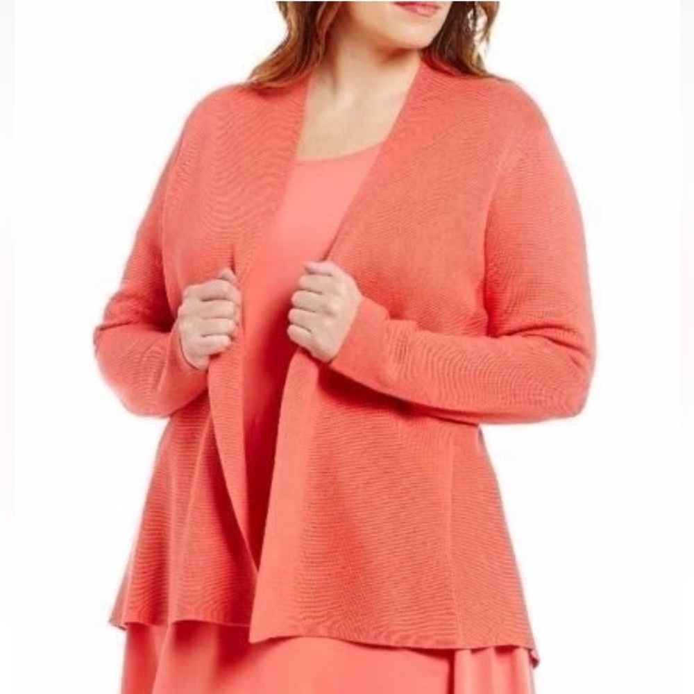 Eileen Fisher open cardigan knit silk organic cotton sweater vibrant coral XL
